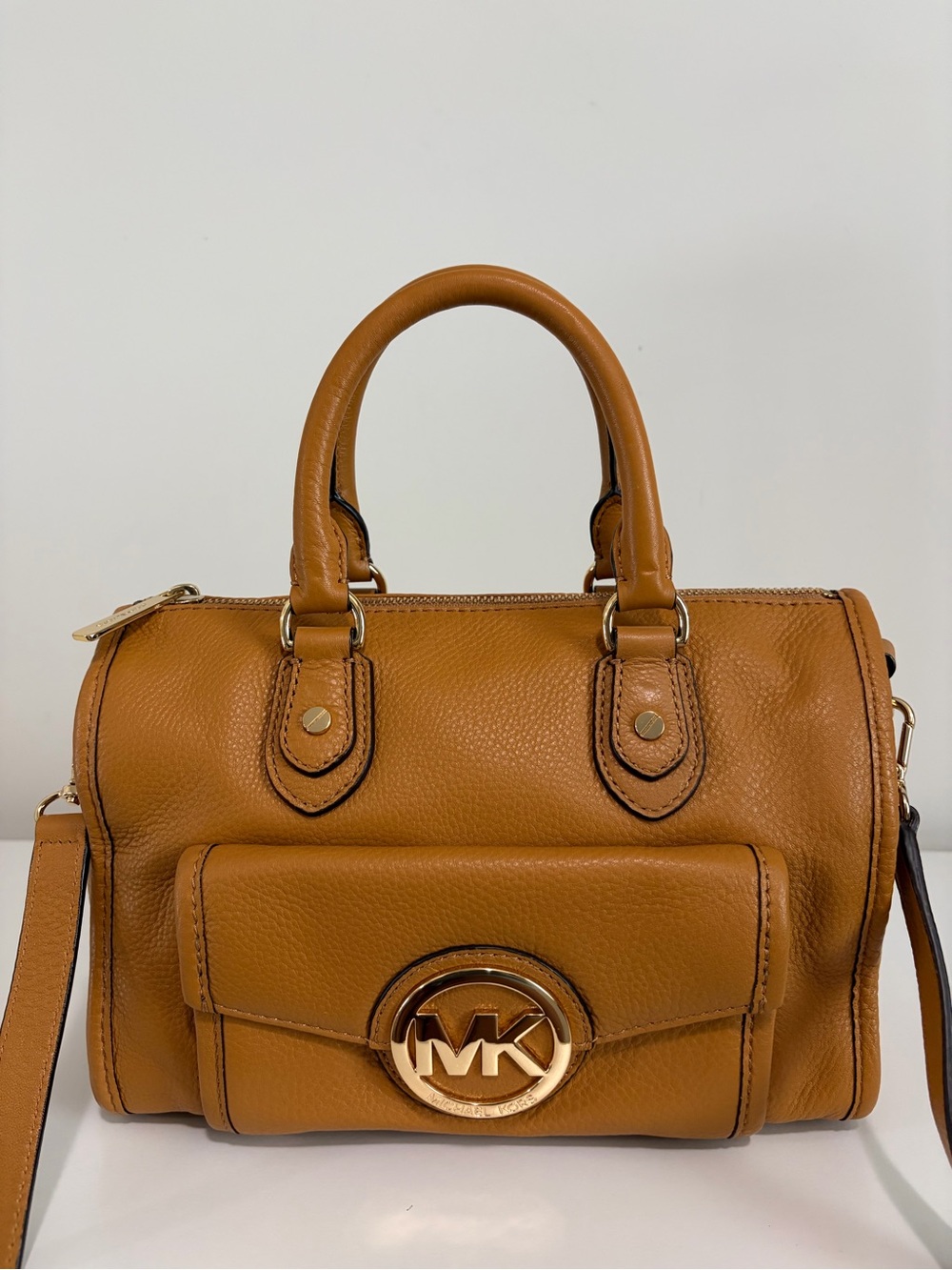Michael Kors Cognac Leather Satchel with Gold Logo